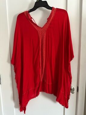 Suzanne Betro Vibrant Red Crochet-Trim Top